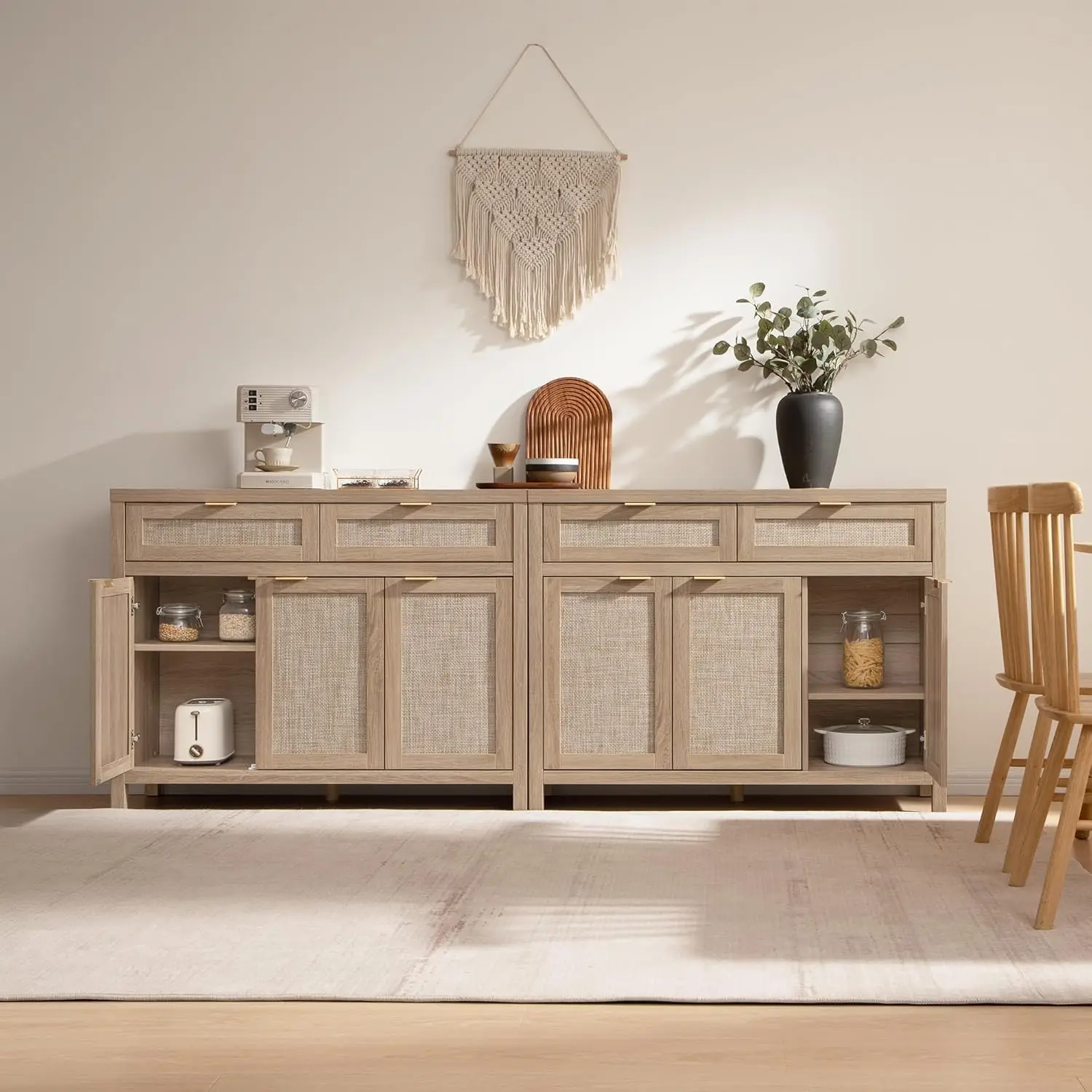 Credenza in rattan con 3 ante e 2 cassetti, credenza Boho per cucina o soggiorno, rovere chiaro