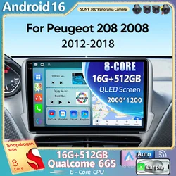 Android 16 For Peugeot 208 2008 2012-2018 2K QLED Android Car Radio Multimedia Video Player GPS Stereo CarPlay 4G Head Unit