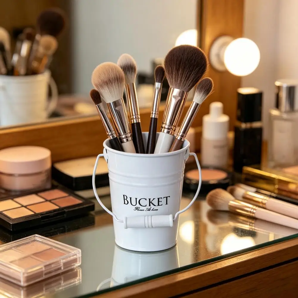 Anti-scratch Storage Container Thickened Anti-rust Iron Storage Bucket with Handle Desktop Organizer for Makeup Brushes Pens