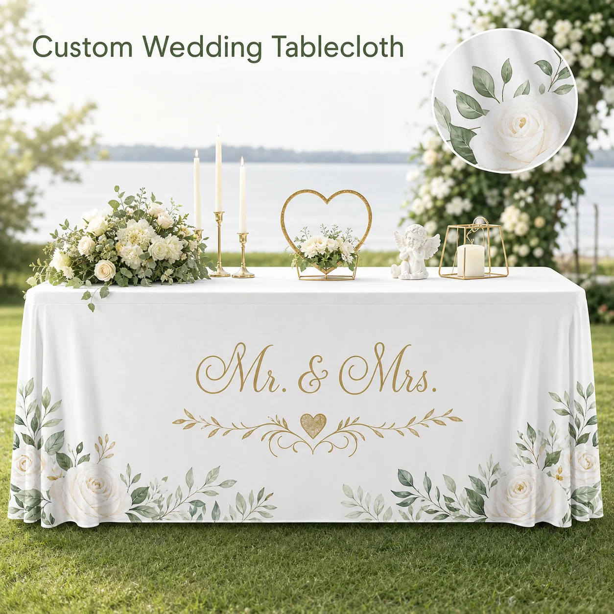 Personalized Wedding Tablecloth Custom Name Floral Table Cover Elegant Reception Party Decoration Bride Groom Gift
