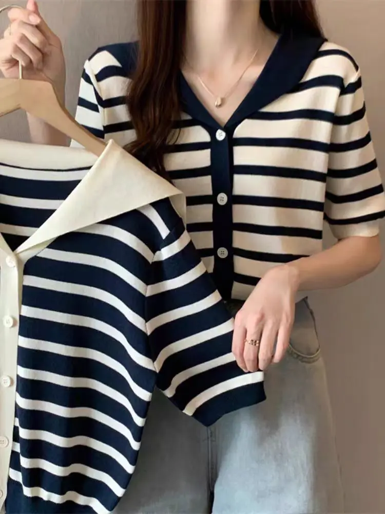 

FSMG Fashion Navy Collar Striped Short Sleeved T-shirt Ice Silk Loose Comfortable Breathable Cardigan Summer Streetwear Lady Top
