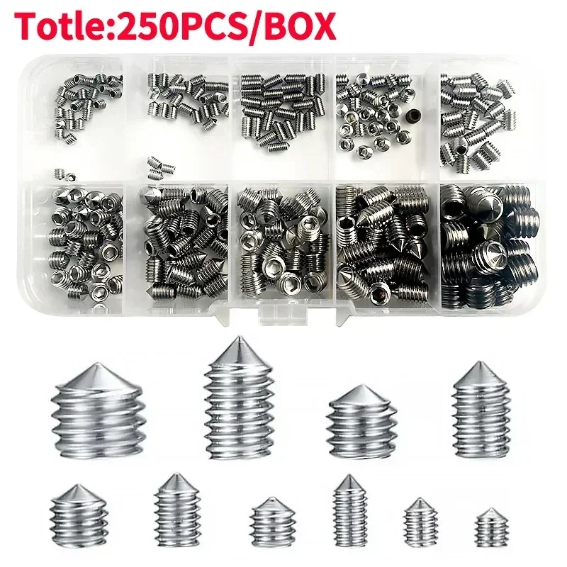 250PCS/BOX 304 Stainless Tip Set Screw Kit Hex Hexagon Socket Allen Cup Point DIY Set Door Handles Bolt M2 M3 M4 M5 M6 M8 DIN916