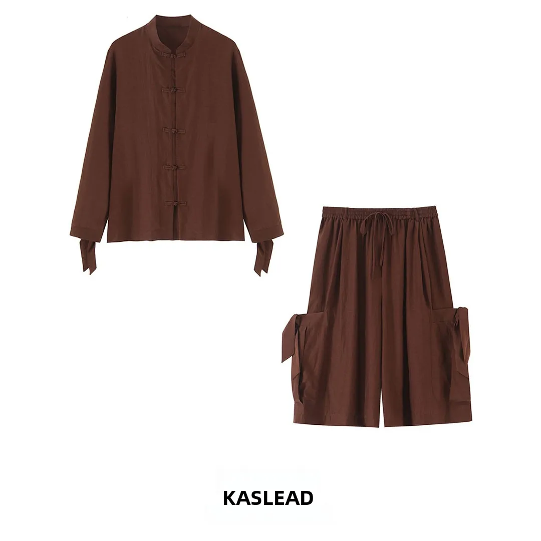 KASLEAD New Women's Shirt  Knot Shorts Two-Piece Set Long Sleeve Fashionable Autumn Outfit Mixed Fabric Casual Wear