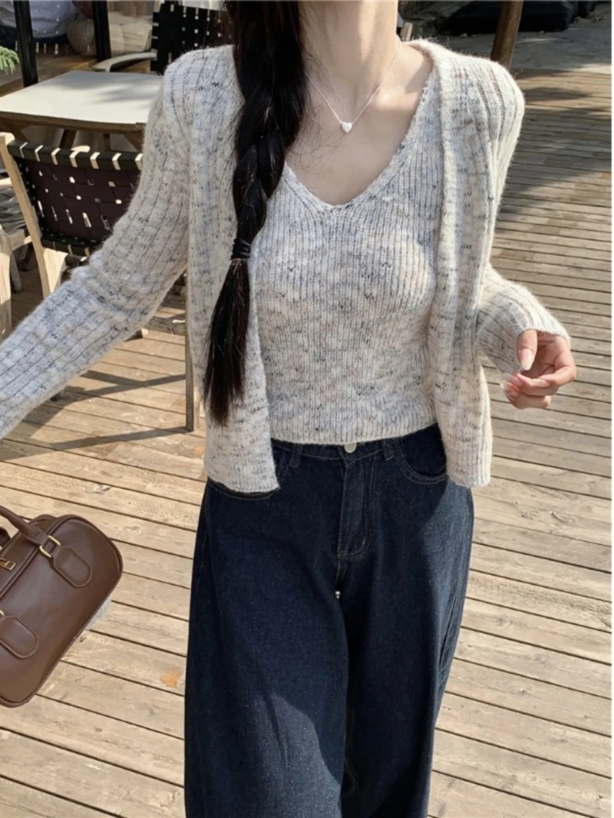Korean Sle ort Knitted Open Cardigan Vest Women's Two-Piece Set Slim Fit V-Ne Sweater Coat Sweet Sle Spring Autumn