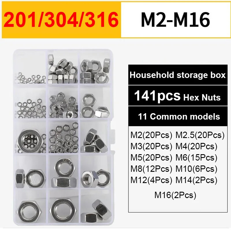 

141pcs Hexagon Hex Nuts M2 M2.5 M3 M3.5 M4 M5 M6 M8 M10~M16 Hex Nut Assortment Kit Set 201/304/316 Stainless Steel Metric Thread