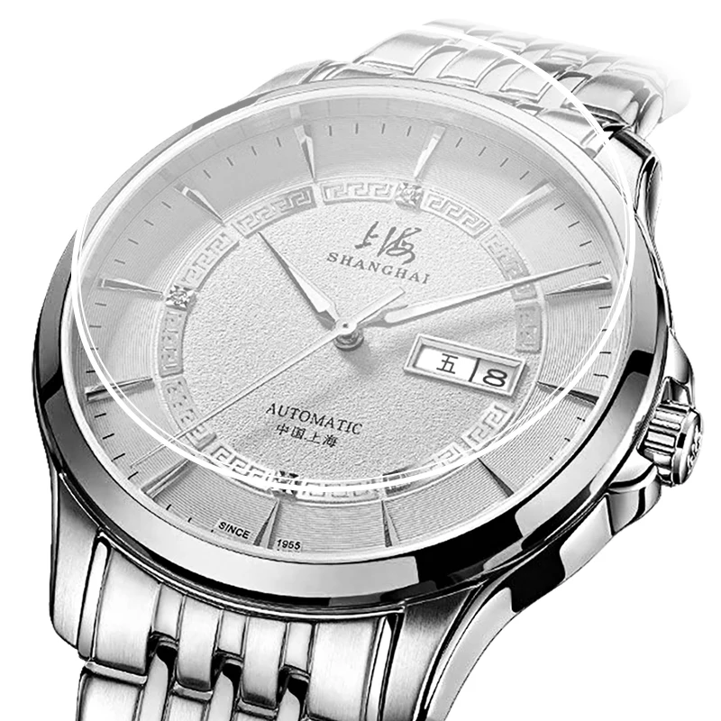 Reloj Shanghai para hombre, reloj mecánico automático, simple, de negocios, con correa de acero, resistente al agua, reloj de zafiro, reloj masculino SH3069