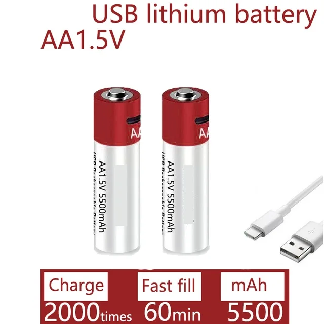 ل Daweikala AA USB بطارية ليثيوم أيون قابلة للشحن 1.5 فولت AA 5500 مللي أمبير/ساعة بطارية ليثيوم أيون للعب مشغل MP3 ميزان الحرارة لوحة المفاتيح