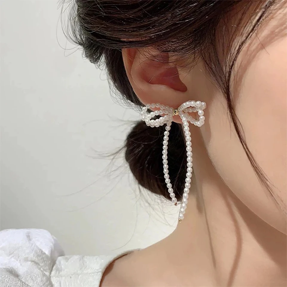 ZAKOL New Arrival Imitation Pearl Bow Dangle Earrings for Women Girls Korean Fashion Tassel Long Party Earring Jewelry Gift