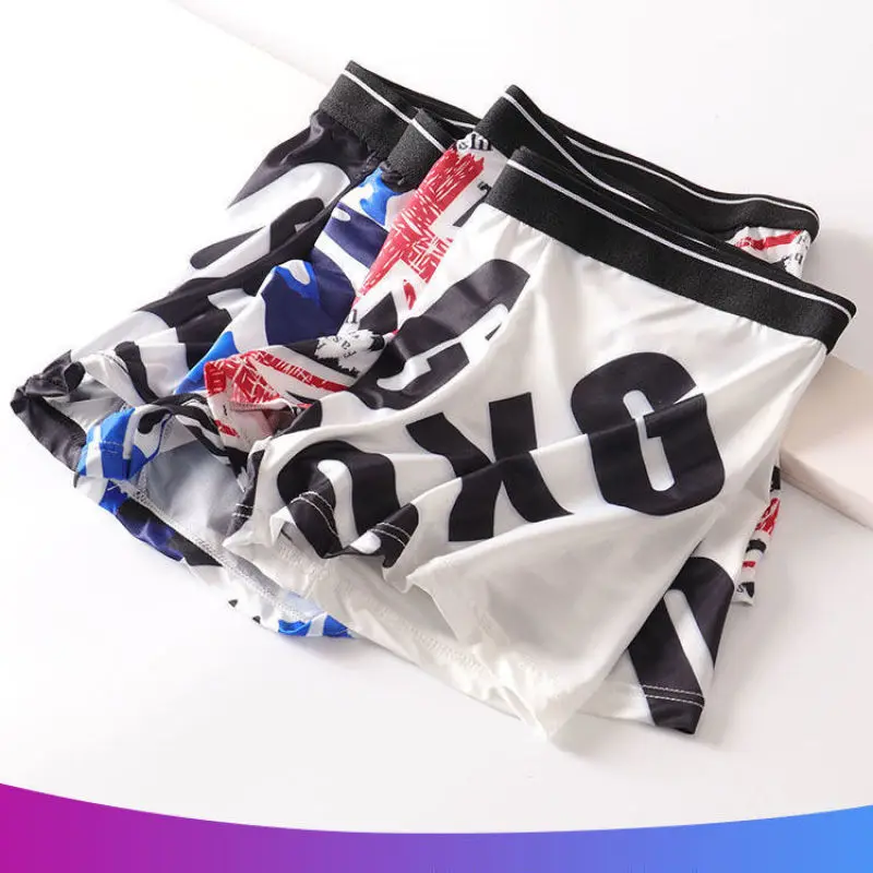 Summer Ice Silk Seamless Fashion Youth Man Thin Underwear Breathable High Elasticity Personalized Printing 3XL Large Size Boxers