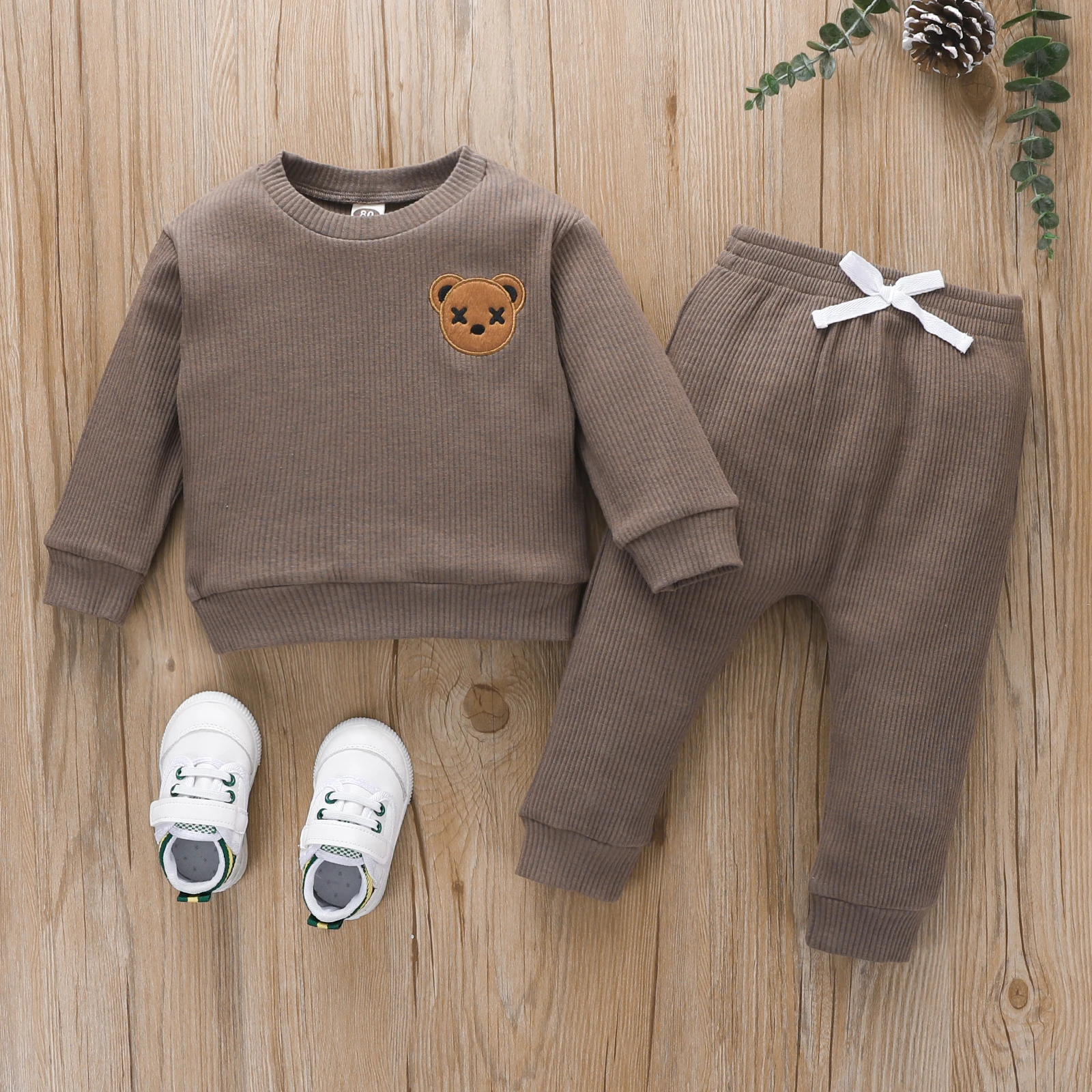 2022-06-02 Lioraitiin 0-4Years Little Toddler Boy Round Neck Long Sleeve Embroidered Bear Patch Tops Elastic Waist Long Pant