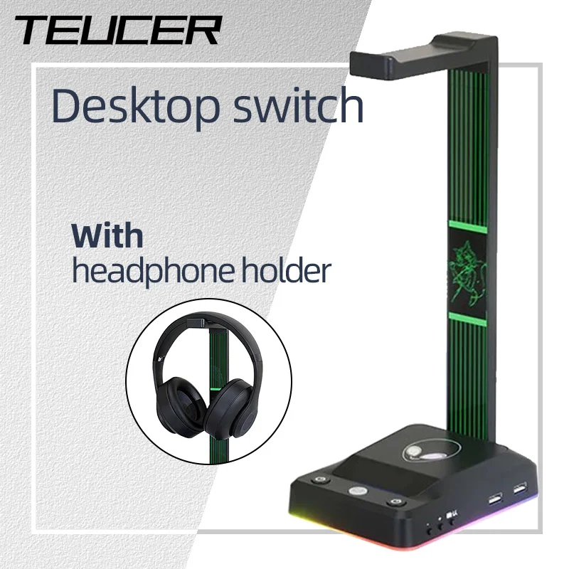 

Настольный переключатель Teucer RGB с подставкой для наушников, 4 USB-порта, гарнитура для ПК, компьютер, настольный аксессуар для наушников, подставка для Cybercafe