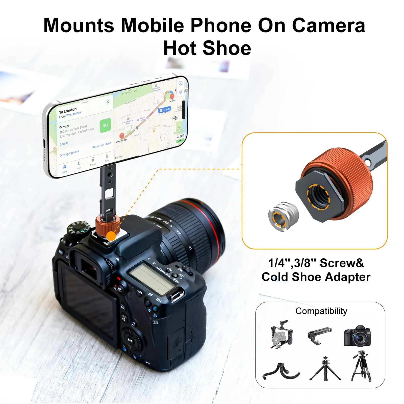 Magnetischer Cold Shoe Mount Handyhalter mit 1/4 und 3/8 Schraube für Kamerastativ für iPhone 17/16/15/14/13/12 Serie Android