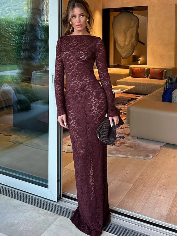kliou High Street Women Maxi Dresses Elegant Lace Embroidered Sheer Full Sleeve Sheath Long Robe Mujer Festival Banquet Vestidos