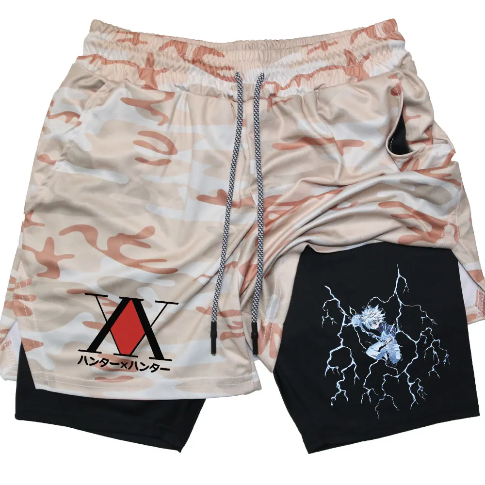 Anime Compression Shorts Breathable Running Sports Gym Workout Hunter X Hunter Performance Shorts with Pockets Summer Sportwaer