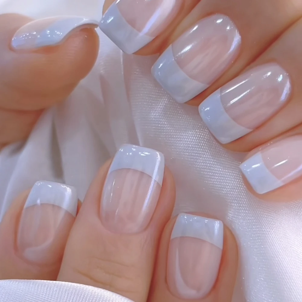 

24 шт. простых высококачественных сине-серых французских накладных ногтей в китайском стиле с блестящим зеркальным покрытием, подходят для домашних вечеринок, съемные накладные ногти для повседневного использования и свиданий, многоразовые накладные ногти