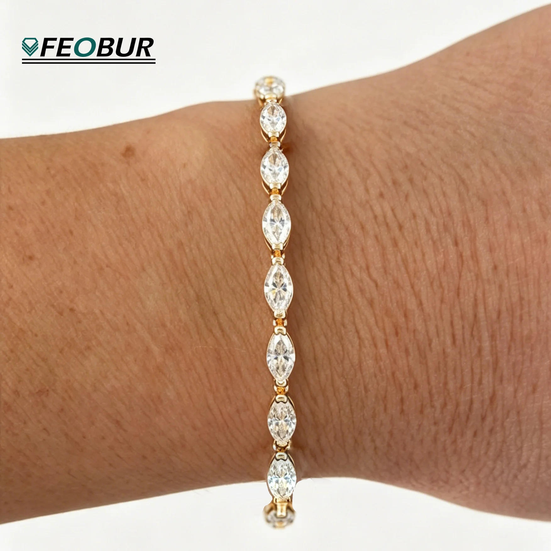 FEOBUR 3*6mm East To West Marquise Moissanite Tennis Bracelets for Women 925 Sterling Silver Lab Diamond Bangle Party Jewelry