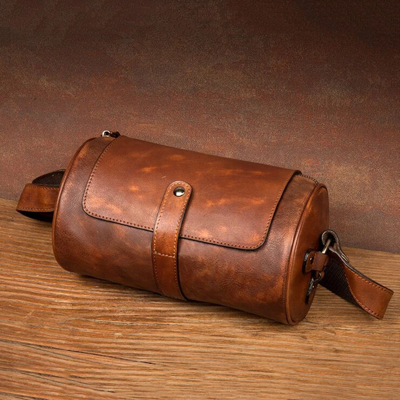 Vintage Shoulder Bag Handmade Original Crossbody Bag Cylinder Bag Bucket Bags Leather Satchel Men\'s Casual Shoulder Bag