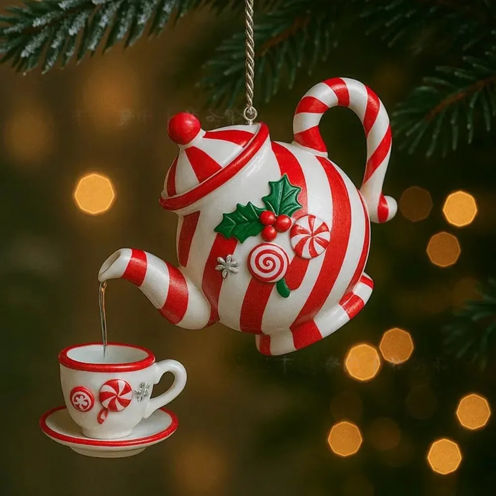 Christmas Teapot Ornament Vintage Christmas Tea Cups & Pot Festive Decor Festive Teapot Hanging Decor With Pouring Tea Effect