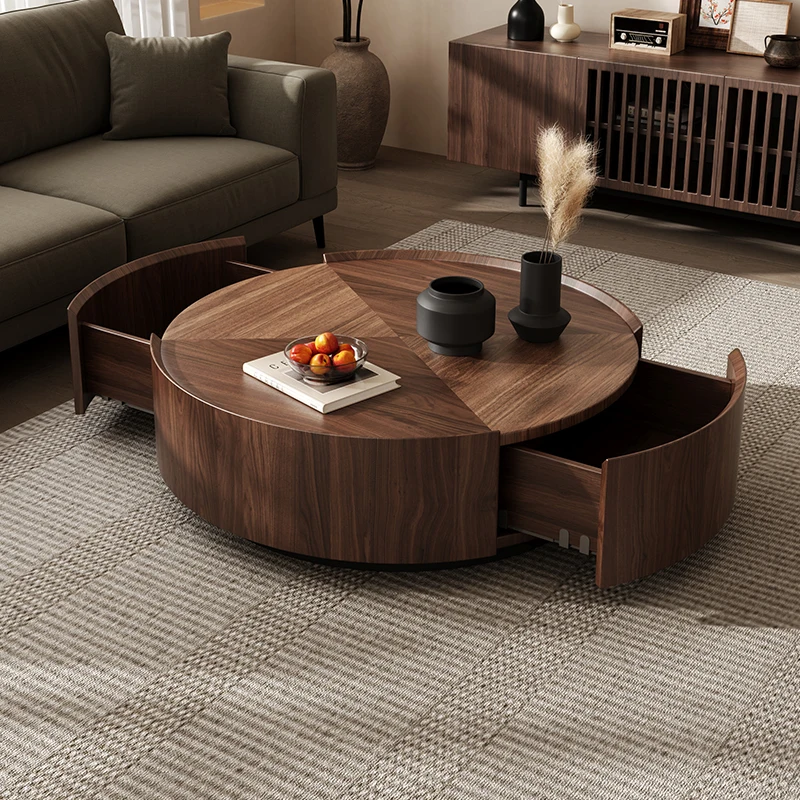 Round coffee table household living room small apartment minimalist coffee table medieval parquet veneer storage tea table