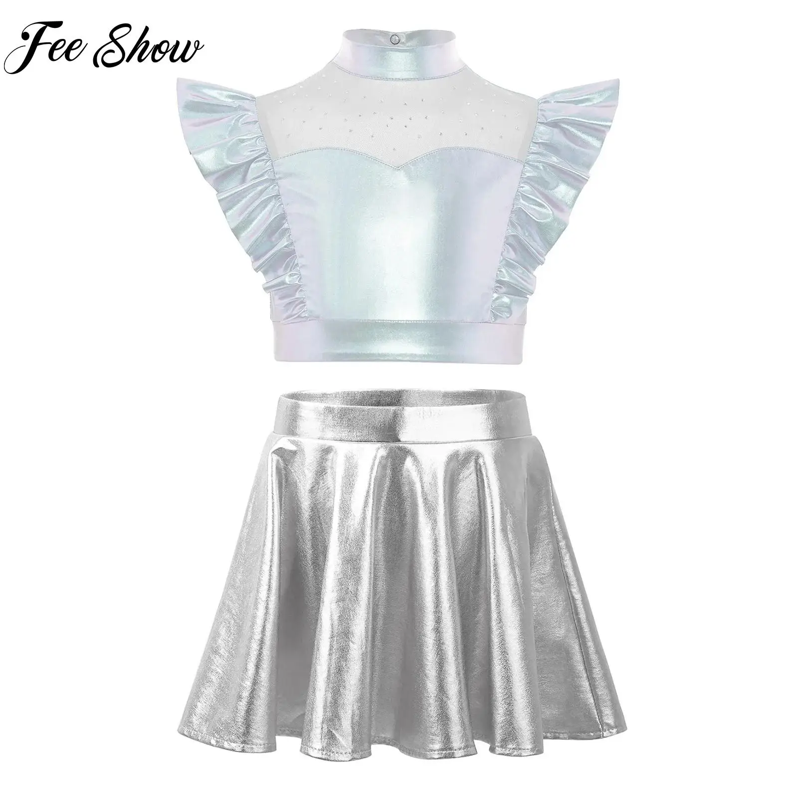 

Детский костюм для танцев танго-ча-ча для девочек, сетчатый топ без рукавов с блестками и металлическим эффектом + комплект с юбкой для занятий джазовыми танцами