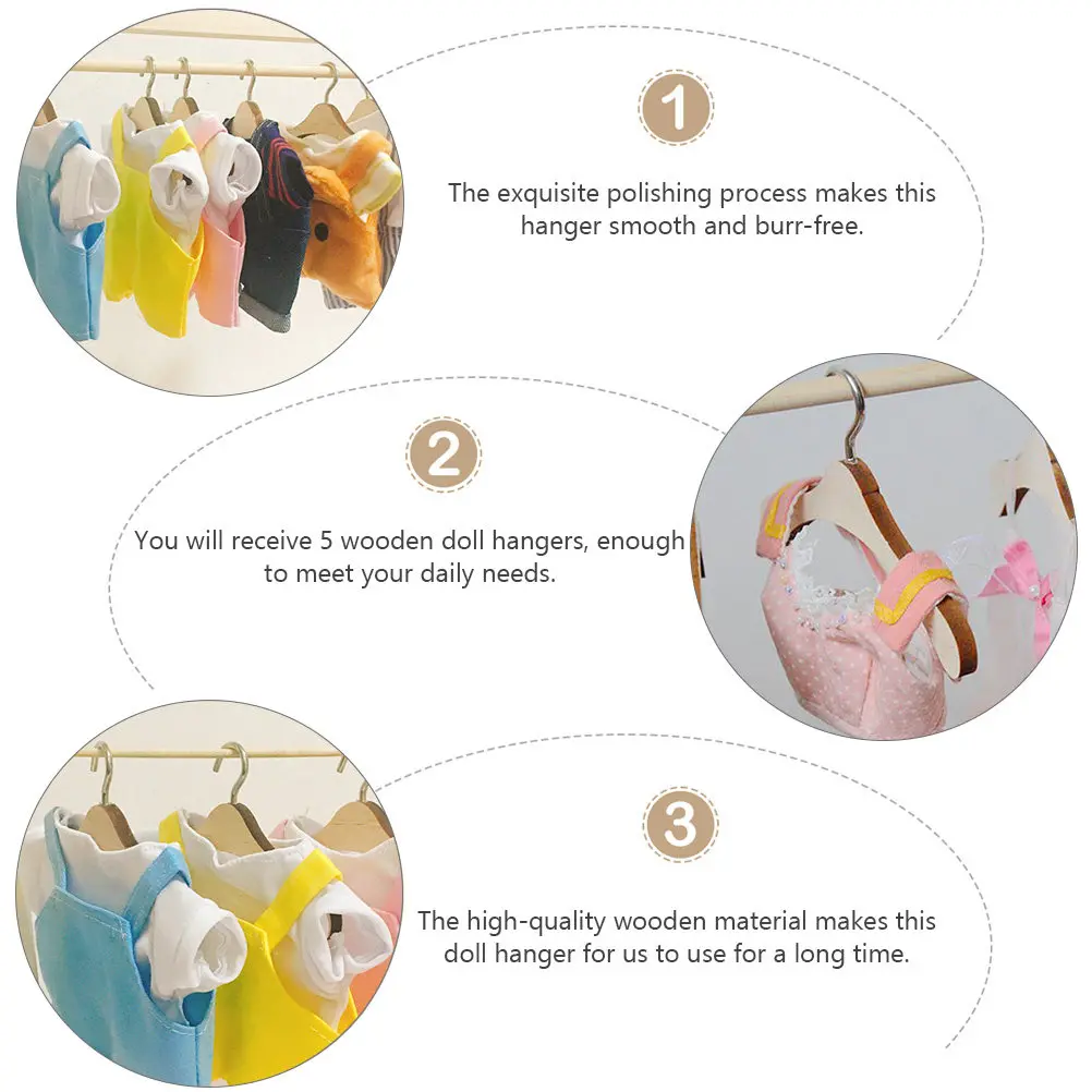 5Pcs Mini Wooden Hangers High Quality Smooth Surface for Miniature Clothes Coat Rack Wooden Clothes Rack Miniature Hanger