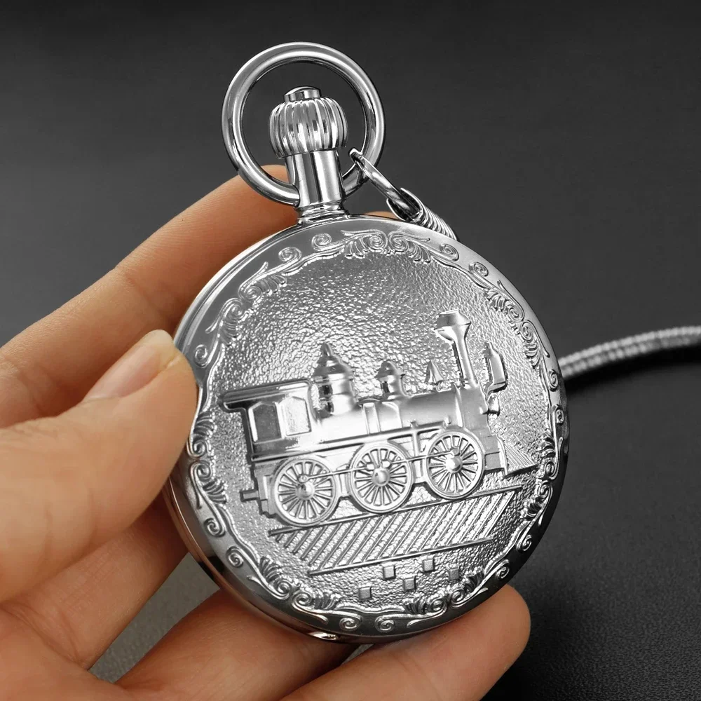 NEW Luxurious Silver Steam Train Design Automatic Mechanical Men's Pocket Watch Gift Box Antique Steampunk Fpb Chain Timepiece