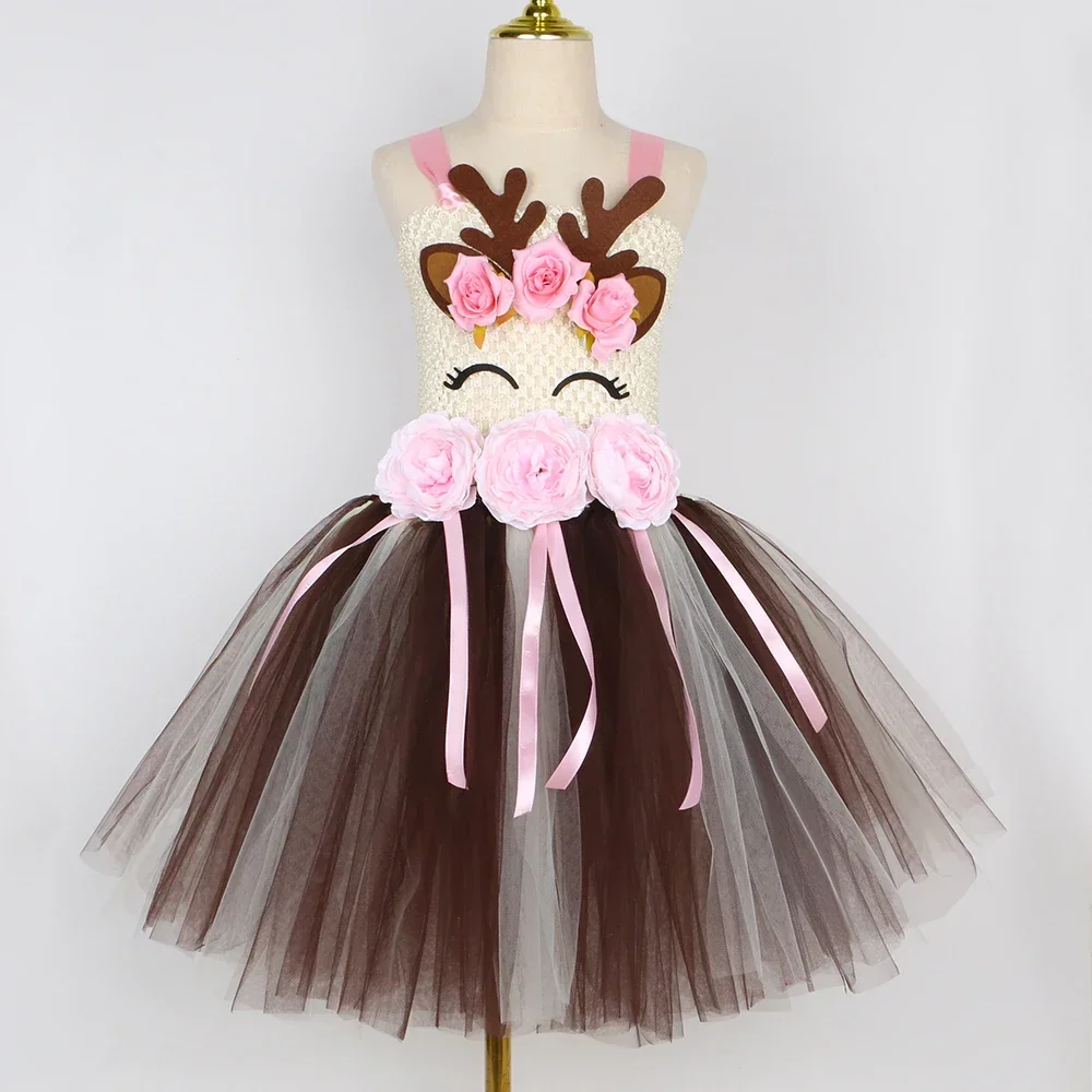 Deer Costume for Girls Christmas Dress Outfit Antlers Flowers Reindeer Elk Tutu Dress Toddler Kids Halloween Holiday Party Dress