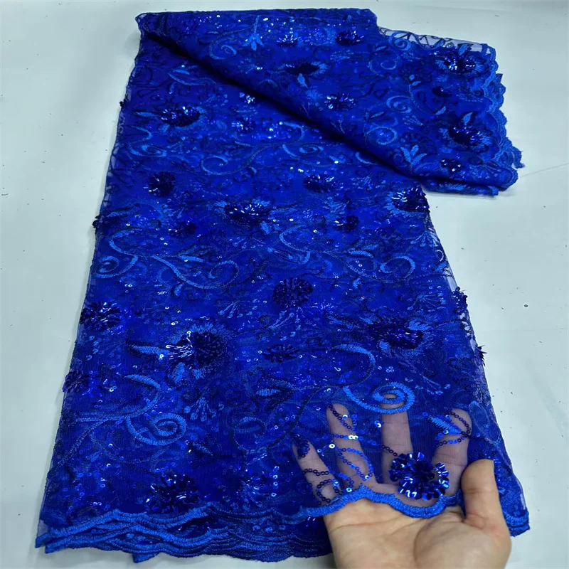 Royal Blue African Sequins Net Lace Fabric 2025 High Quality Swiss Voile Embroidery Tulle Laces 5 Yards For Sewing Party Dresses