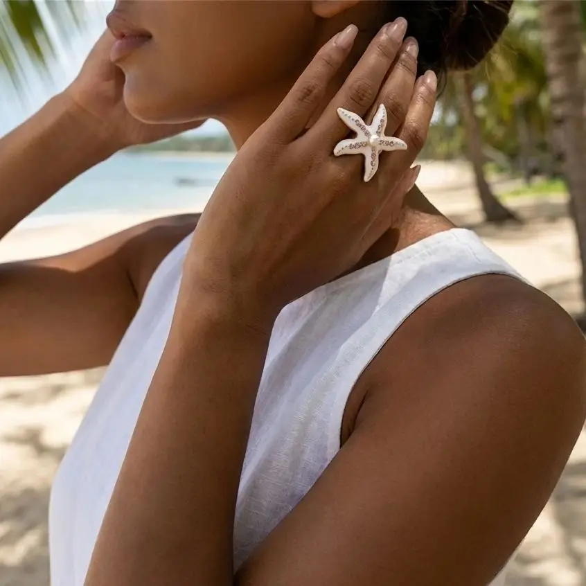 Charm Pink Rhinestone Starfish Ring for Exaggerated Blue Enamel Wrinkled Starfish Adjustable Ring Charms Summer Beach Jewelry