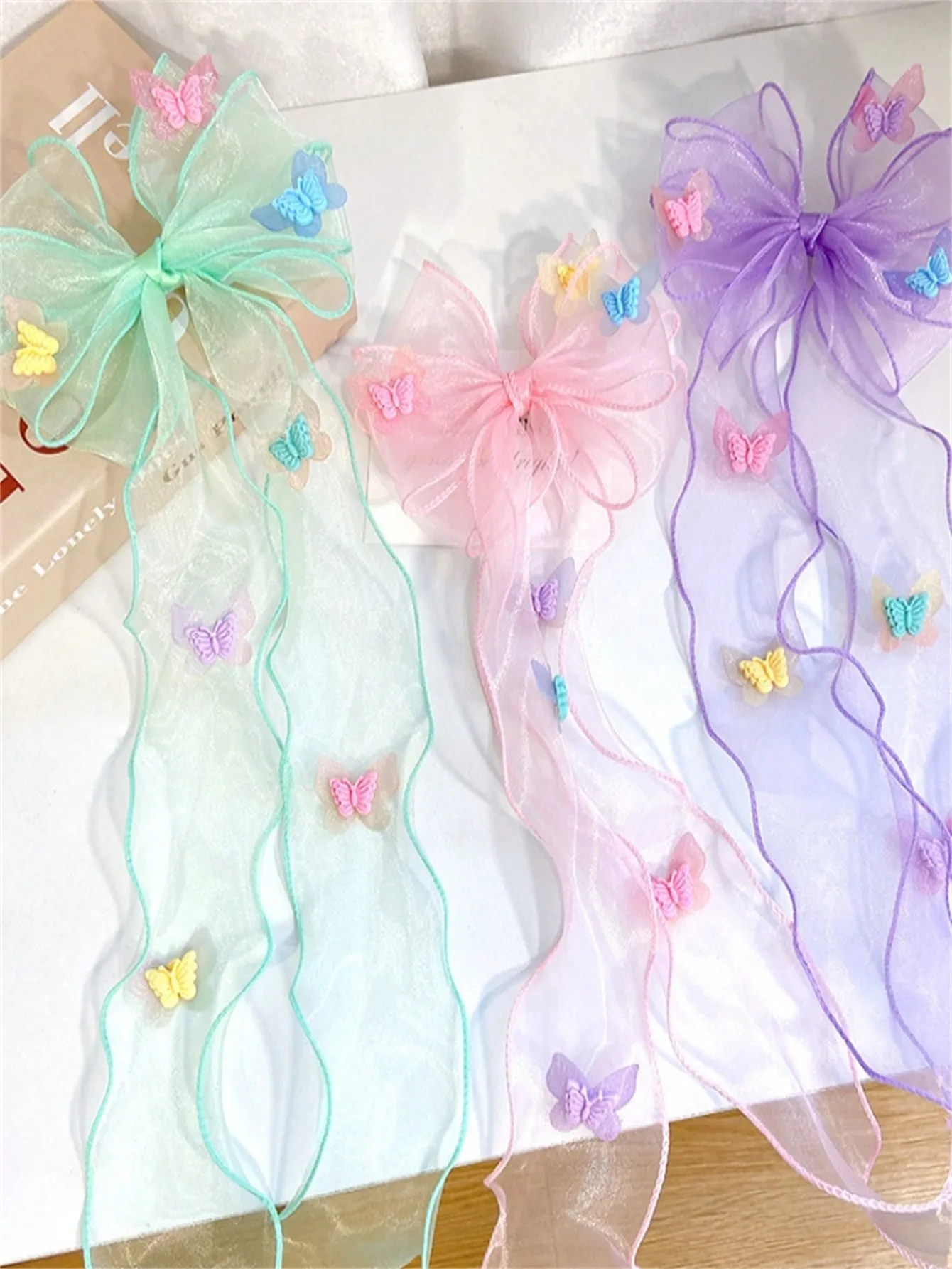 1 summer new fresh and cute super fairy net gauze butterfly streamer Hair hair with bow braid top clip clip hair accessories