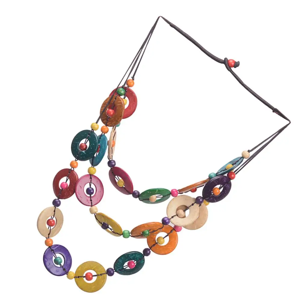 Puka Shell and Coconut Wood Bead Necklace Multi Element Sweater Chain Choker Bohemian Jewelry for Ladies