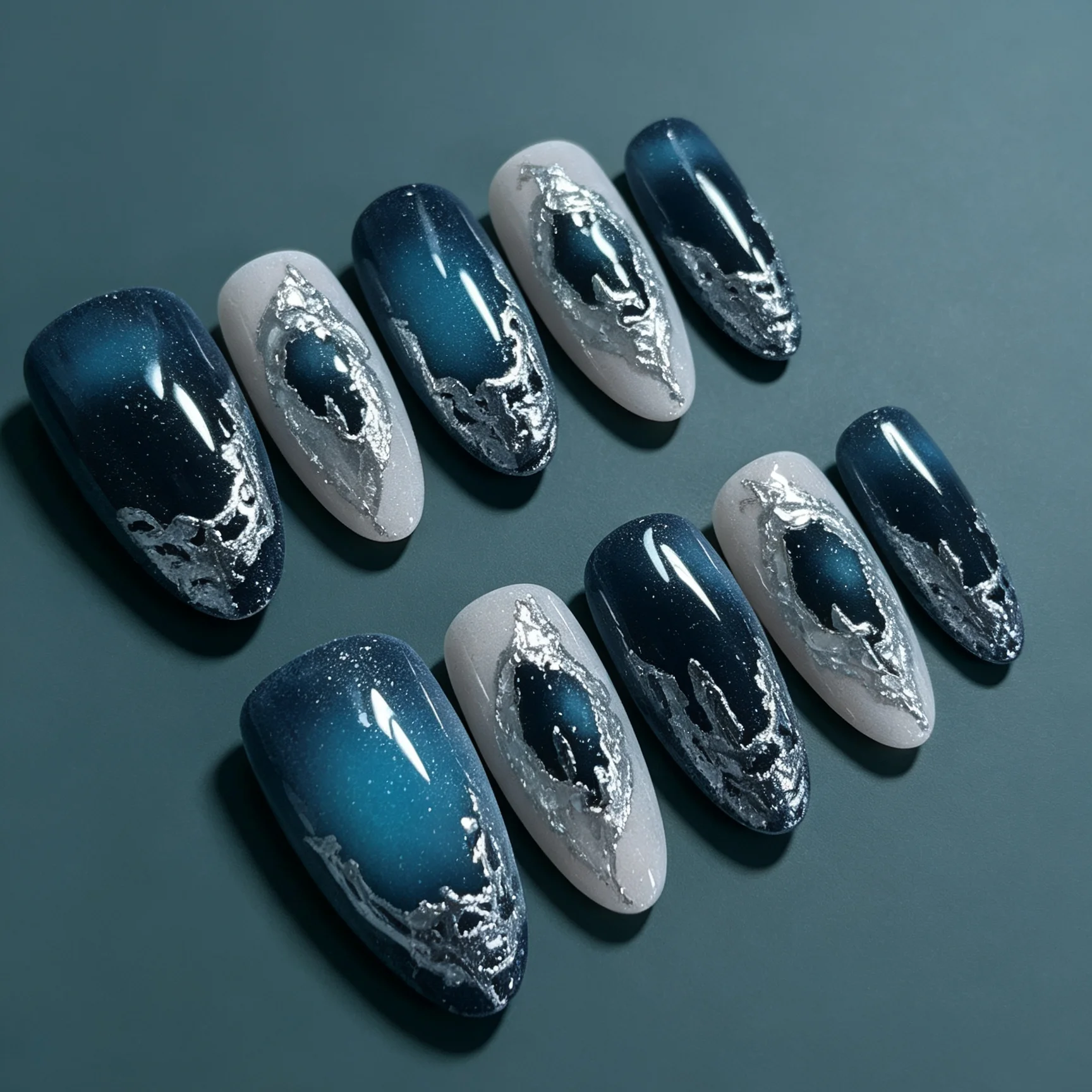 10 Hand Pressed Almond Shaped Nails, Beautiful Fake Nails, Mysterious Sea Blue and Starry Sky, Suitable for Women to Use