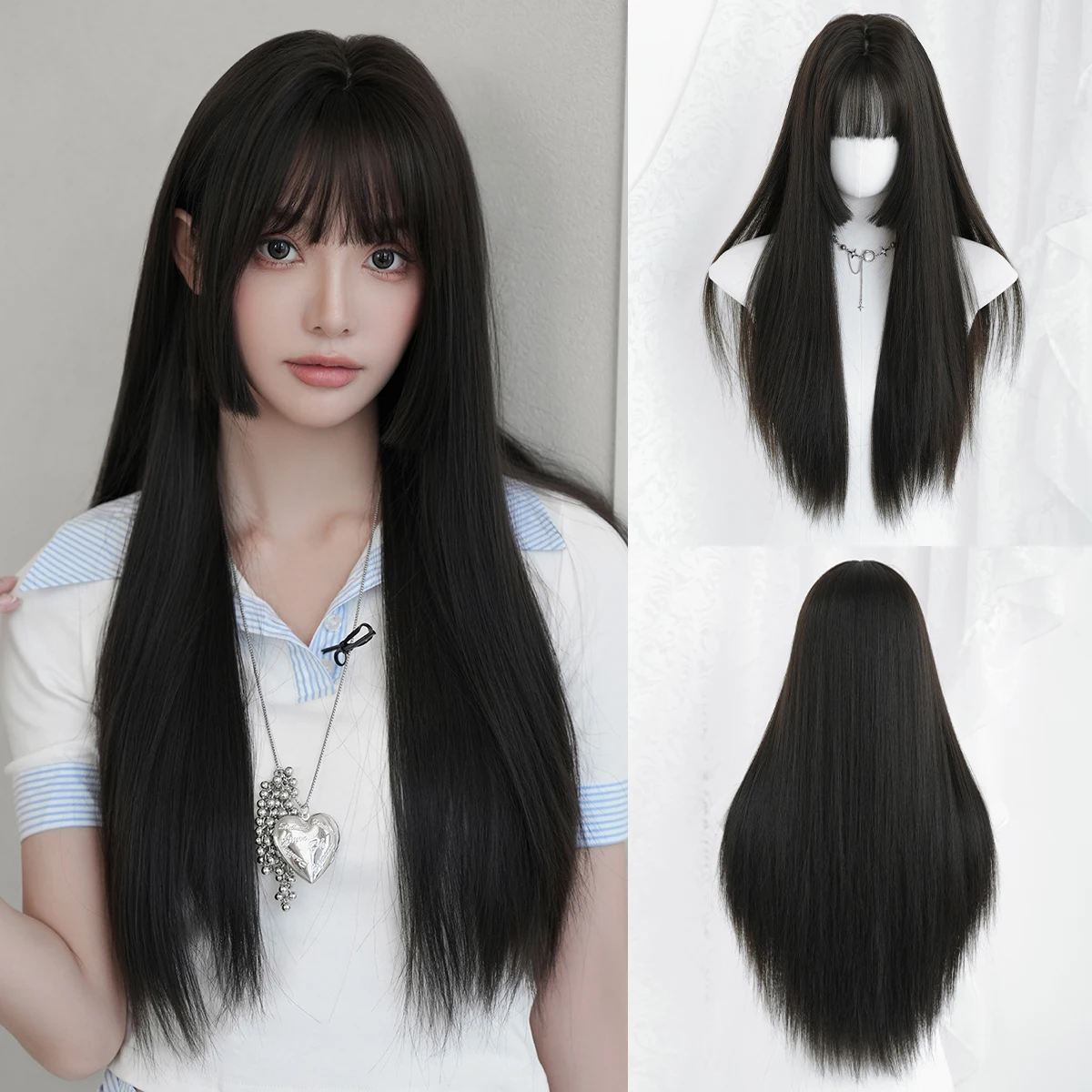 

7JHH WIGS Long Straight Layered Dark Brown Wig for Women Synthetic Heat-Resistant Modest Fashion Wear and Go Wigs with Neat Bang