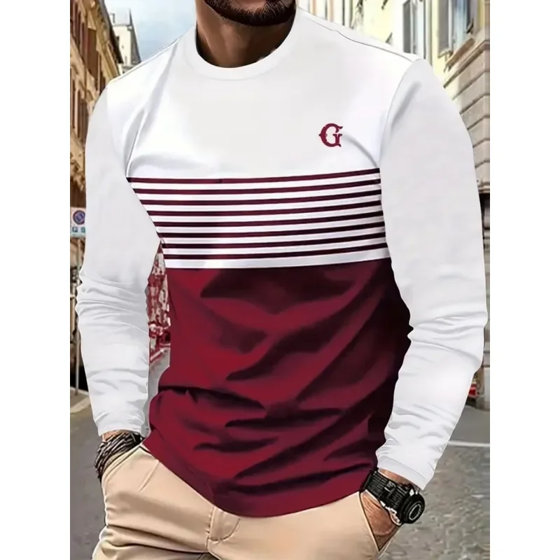 3D Printed Casual Long Sleeve New Men's Autumn Patchwork Striped Creative Print Comfortable Soft Round Neck T-Shirt Outdoor view 5