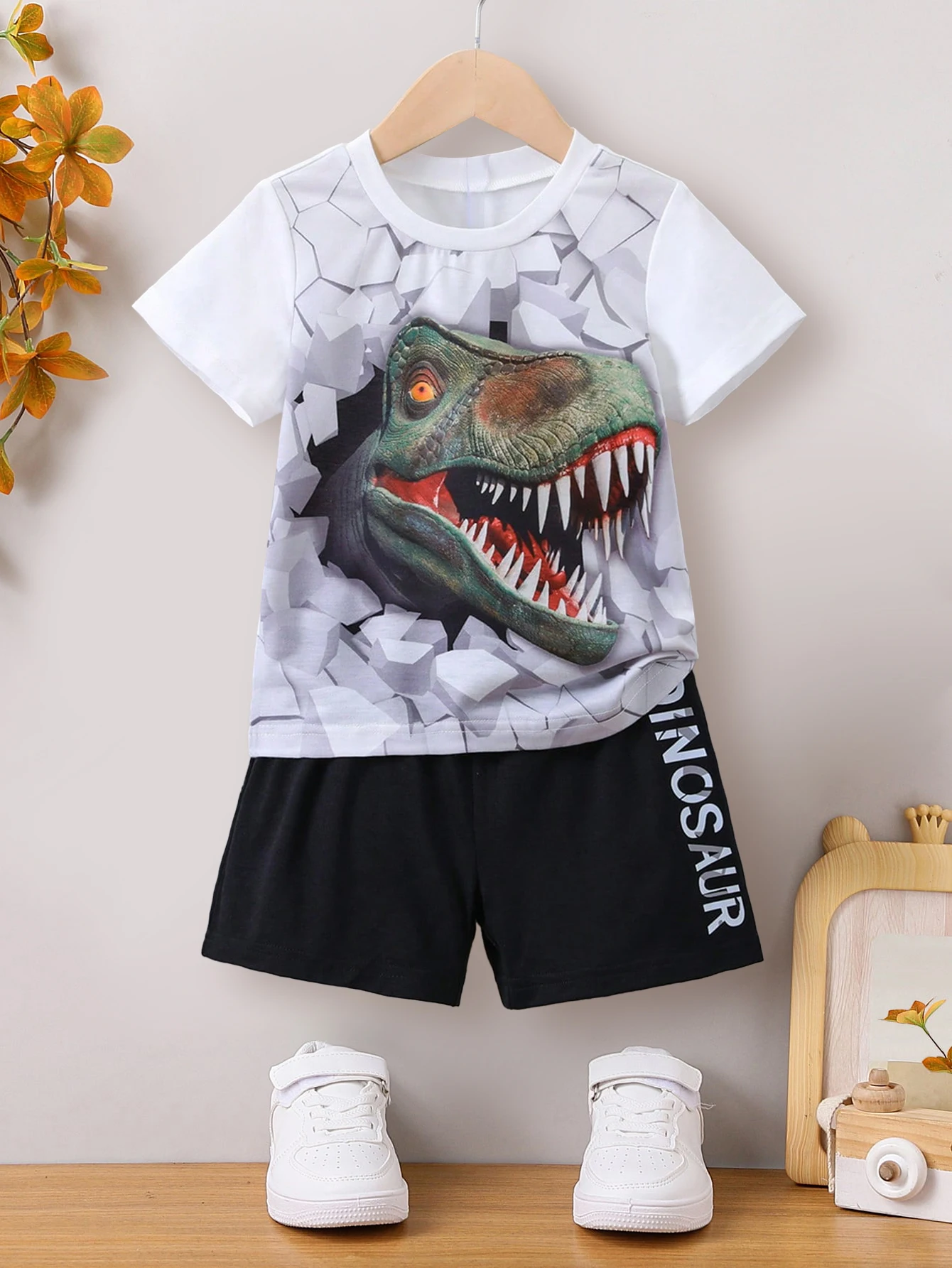 Summer Boys\' Suit T-Shirt Tops Shorts Dinosaur Print Casual Fashion Children\'s Clothing 4-7y