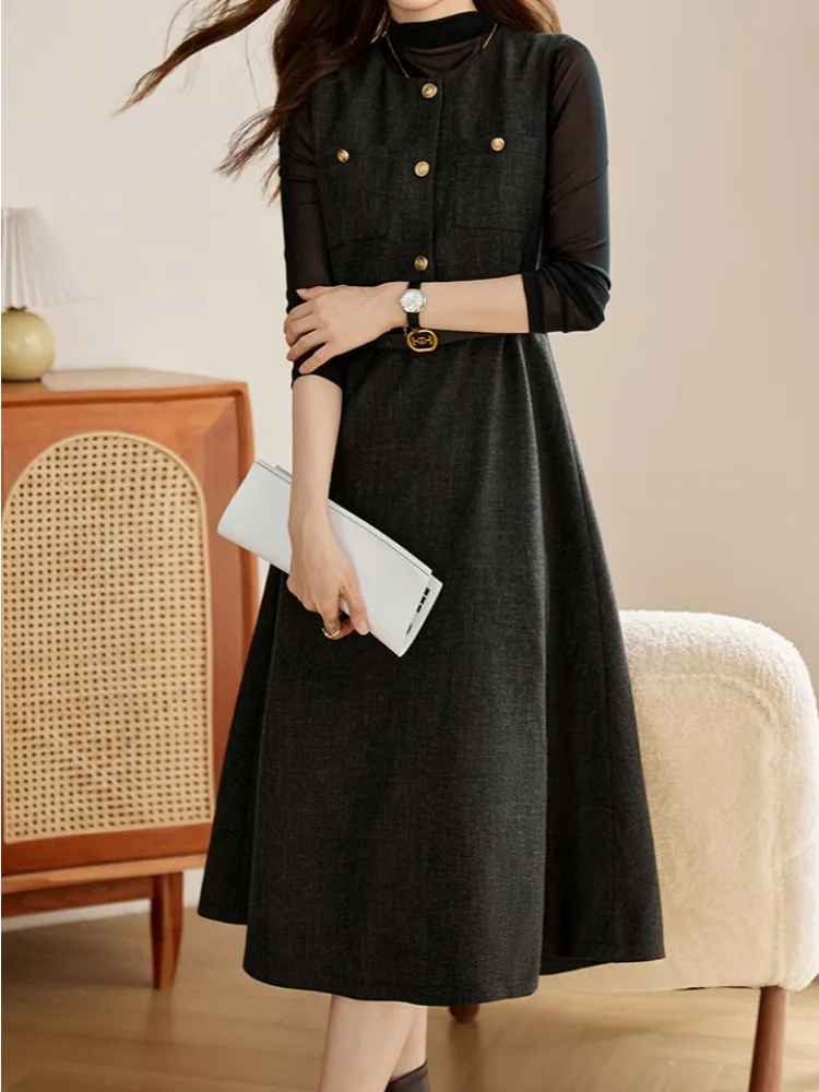 Elegant Two-Piece Women's Outfit: Sleeveless Waist-Cinching Dress & Knit Cardigan Set - Chic Spring/Fall Commuter Wear Advanced