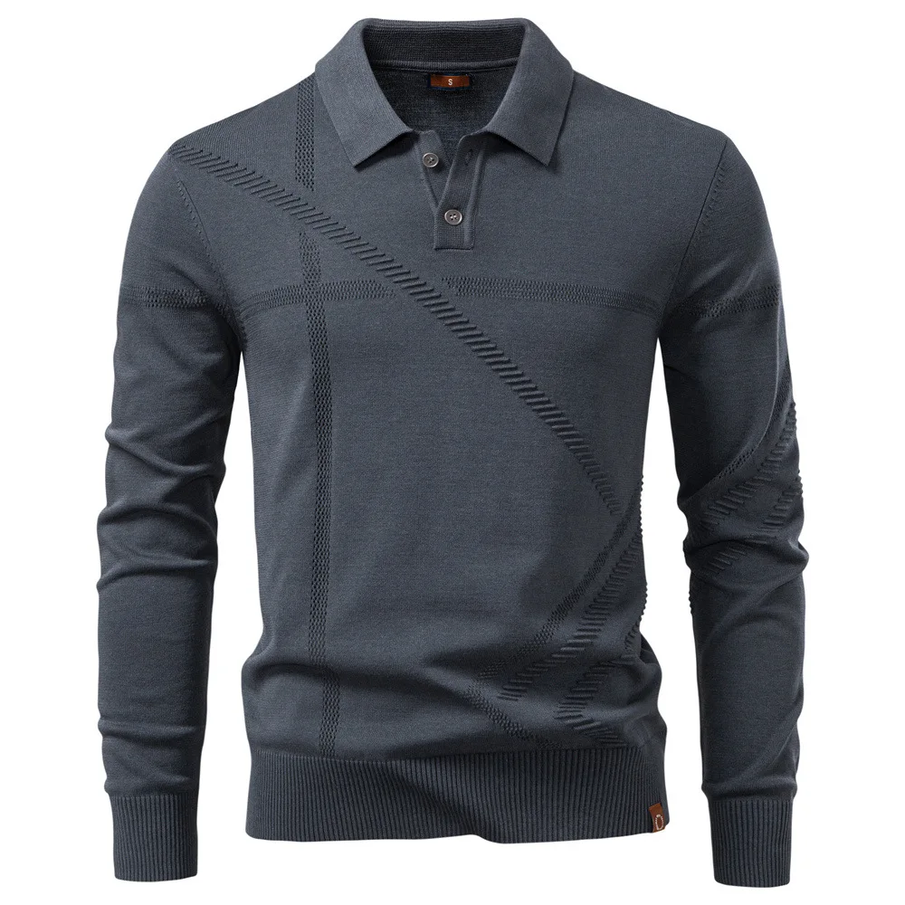 

New Autumn and Winter Men's Business Casual Sweater Jacquard Lapel Sweater Solid Color Top Polo Shirt