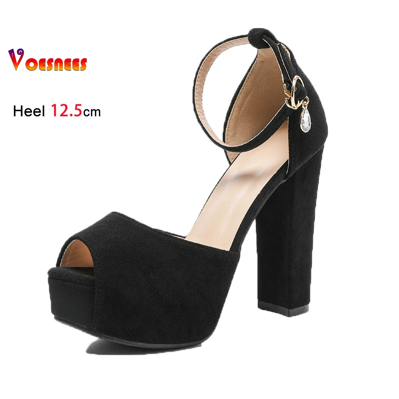 غطاء كعب الصنادل النساء حجم كبير الصيف اللمحة تو عالية الكعب 12.5 سنتيمتر الإناث منصة الجلد المدبوغ الكاحل حزام نموذج عرض الصنادل الأسود