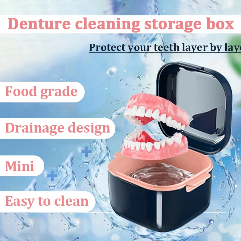 Denture Bath Box Cup Denture Case Set Portable Retainer Case with Strainer Basket False Teeth Denture Cleaning Storage Box