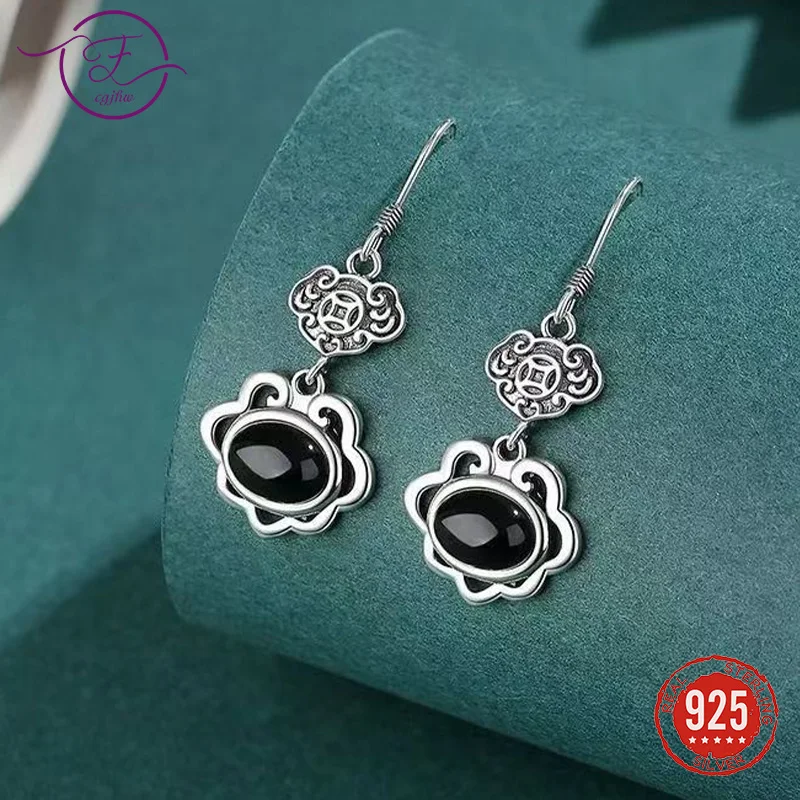

S925 Sterling Silver Vintage Black Agate Earring for Women Chinese Ethnic Style Drop Earrings Bohemian Jewelry Birthday Gift
