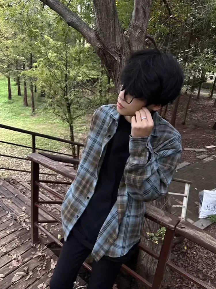 

Мужская осенняя винтажная свободная повседневная верхняя одежда в американском клетку в стиле ретро в американском стиле, классическая хлопковая молодежная мода