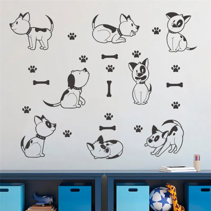 Cute Dogs Play Bones Wall Sticker, Decoração para casa, Quarto de crianças, Quarto, Animal Mural Art, DIY PVC Decalque, Poster Pet