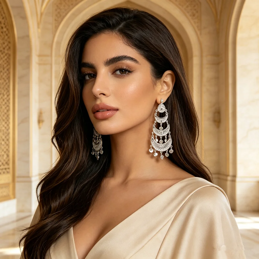 Luxury Bridal Layered Moon Drop Earring Antique Silver Carved Hollow Design Matching Traditional Arabic Wedding Gown