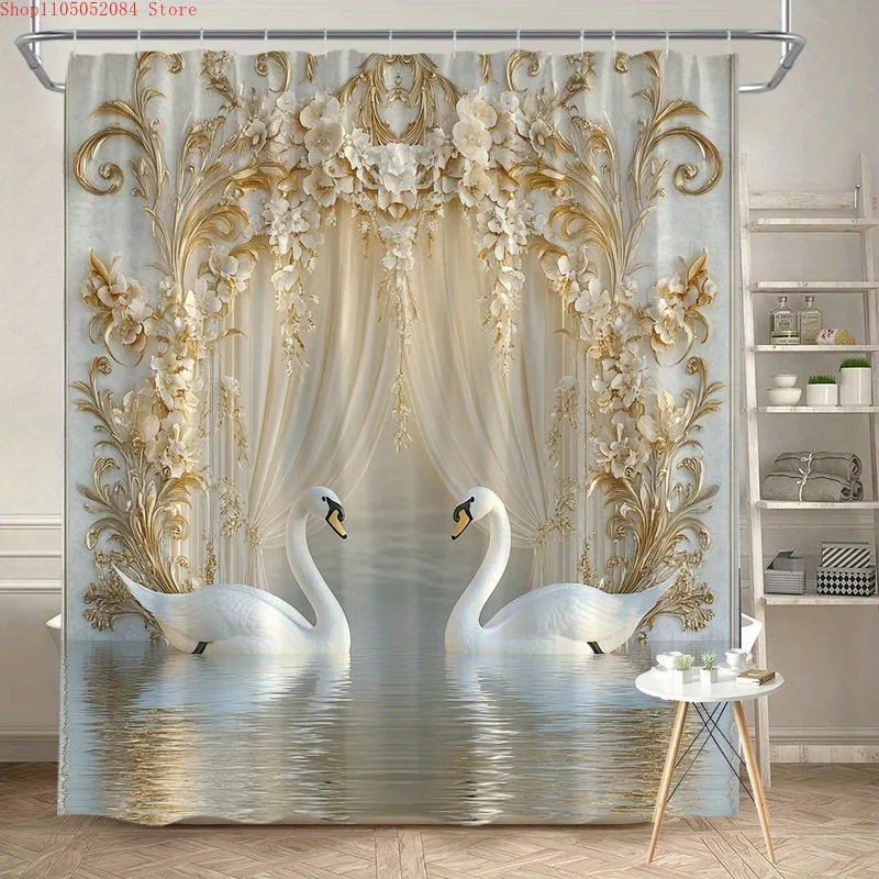 1 Stück eleganter weiß-goldener Blumenbogen-Duschvorhang – mit Haken, wasserdicht, schimmelresistent, einfache Installation, waschbar