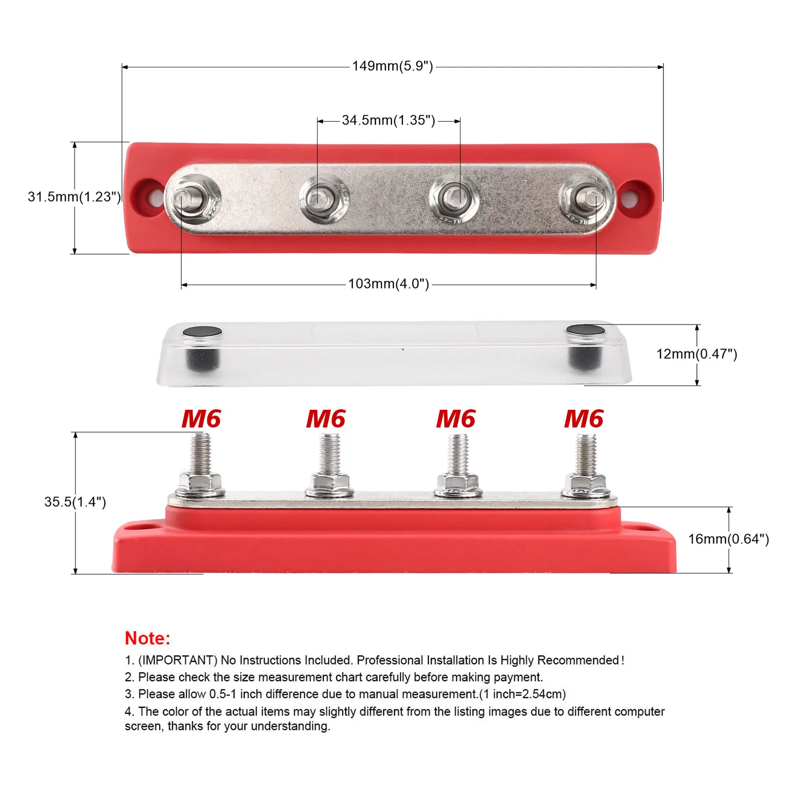 150A Bus Bar Power Distribution Block Heavy Duty Module Design Busbar 4 x M6 Terminal Studs for Marine Automotive RV Boat Truck