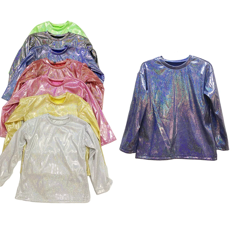 Abbigliamento per bambini adulti Costumi di danza jazz hip-hop per bambini T-shirt metallizzata lucida di Halloween Top da ballo scintillanti Manica lunga da strada