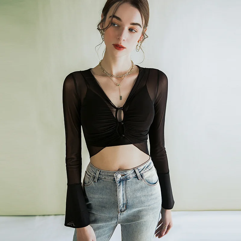 MadBlack Ins European Clothes Tshirts Women Sexy V Necks Transparent Slim Mesh Crop Top Long Sleeve Tee Spring Fall T43477JC