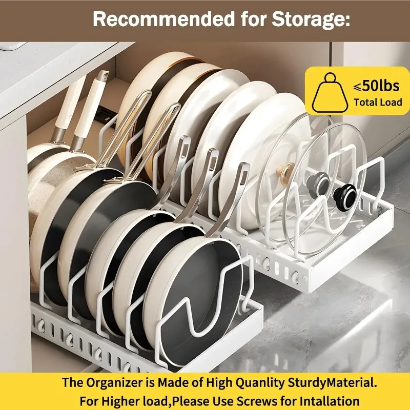 Pull‑Out Pot Pan Rack No Drilling Under Cabinet Organizer Adjustable Dividers Slide‑Out Kitchen Storage for Cookware Pot Lid