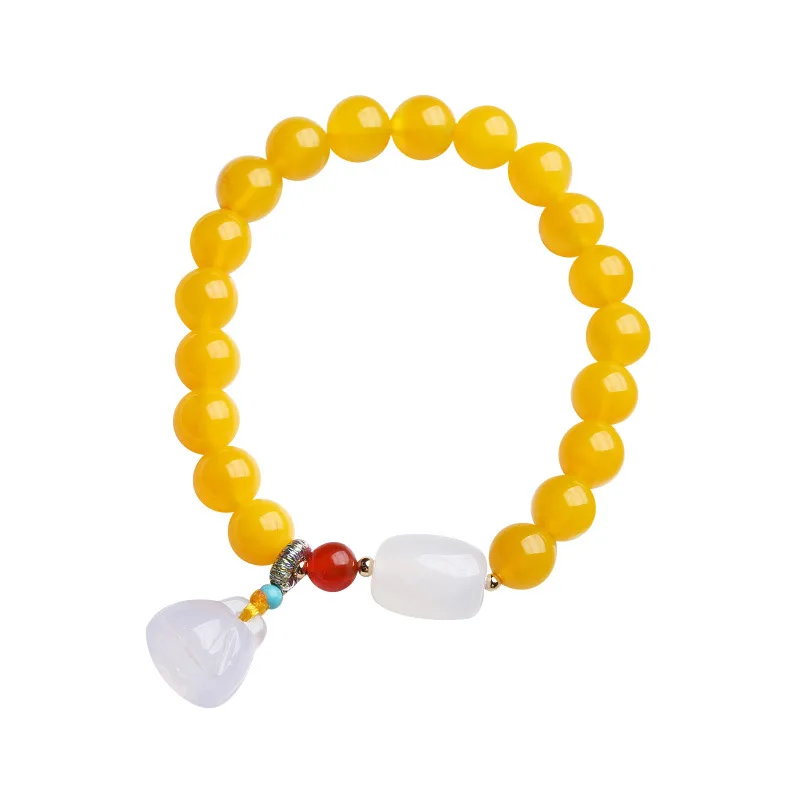 

Natural Yellow Agate Beaded Bracelet for Women White Chalcedony Lotus Pod Buddhist Prayer Beads Hand Jewelry Gifts