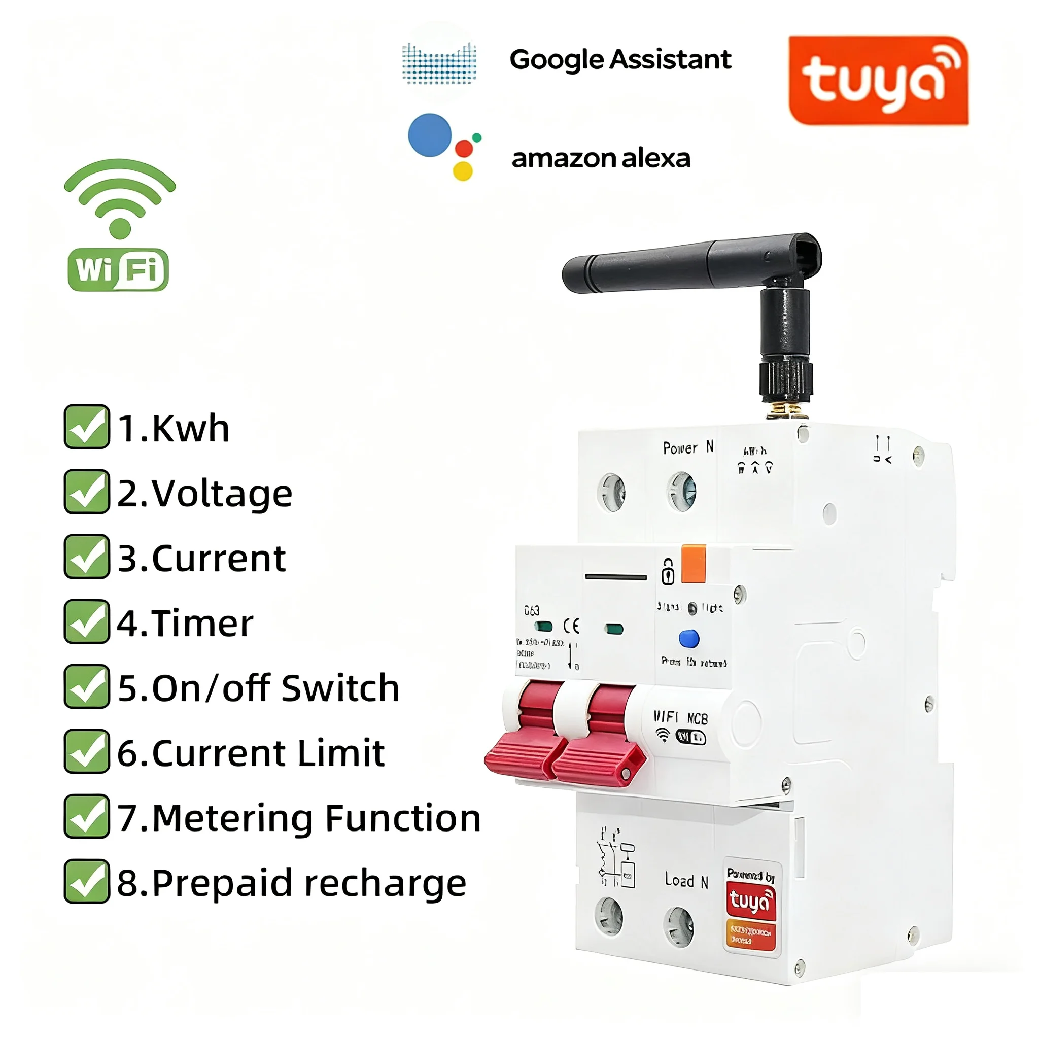 Tuya WiFi Smart Circuit Breaker Mobile Phone Remote Control Switch 63A Overload Short Circuit Protection